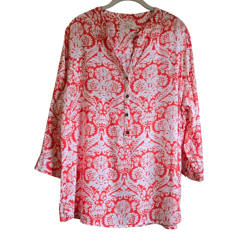 Antilia Femme Womens XL Orange‎ White Damask Rayon Tunic Blouse 3/4 Sleeve Top
